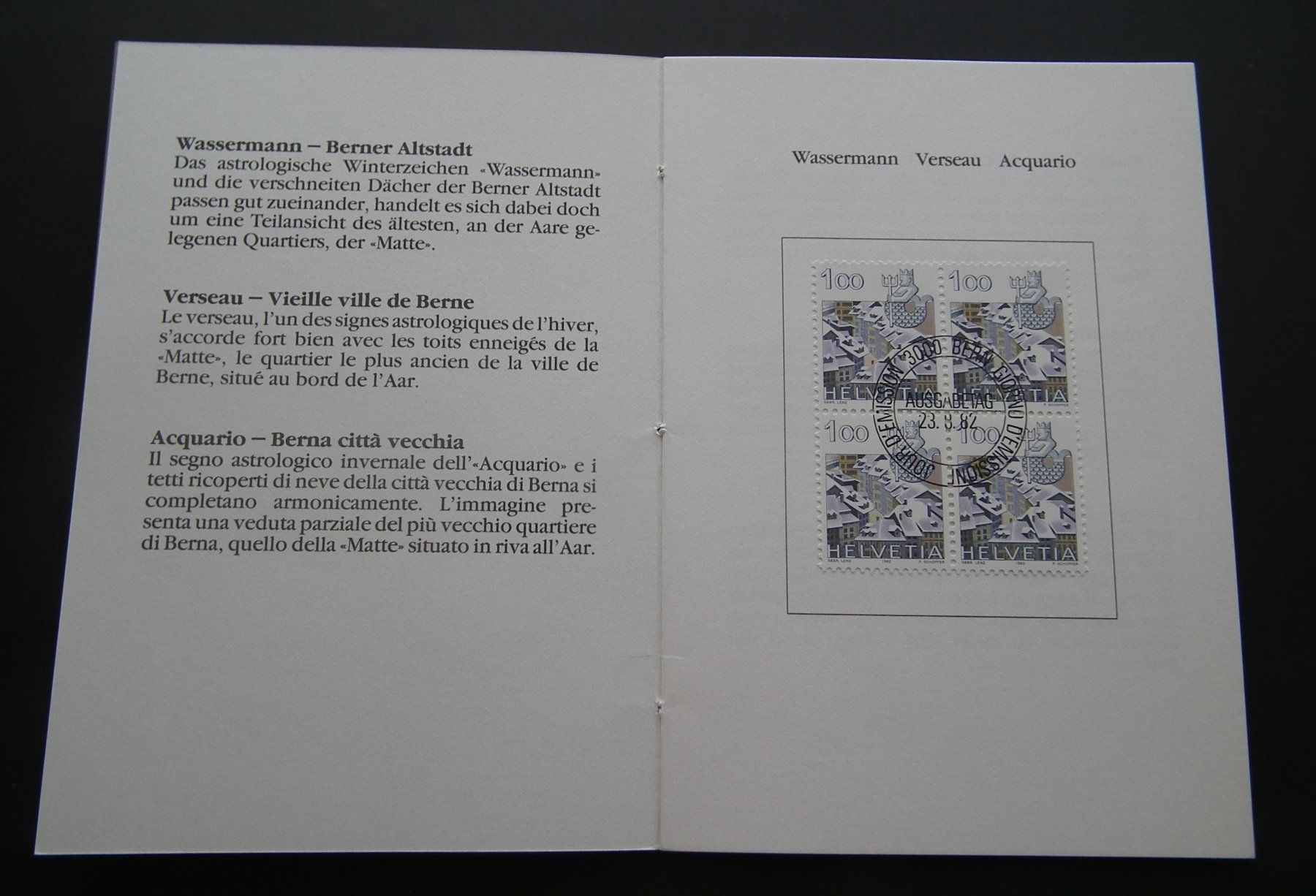 Alle Briefmarken: Tierkreiszeichen Ausgabe 1982  Folder mit 4-er Blocks – Gebraucht aus Kriens von WULLU99 2