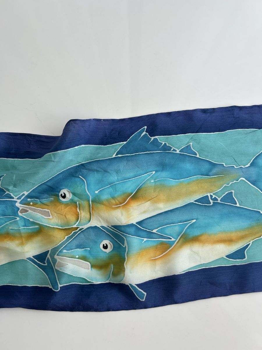 Foulard & Sciarpe: Silk Scarf Fish Print Blue Hand Painted Decorative used – Usato da Saland venduto da ele_vc96 1