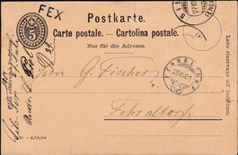 1901: 5 Rp. Ganzsache m. seltenem Stabstpl. FEX, Fehraltorf