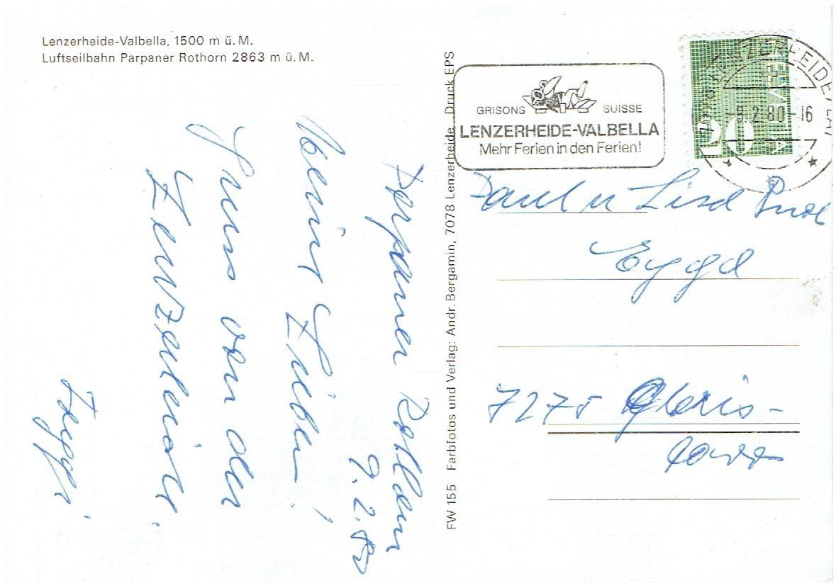 Cartoline postali: Lenzerheide-Valbella Parpaner Rothorn 1980 – Usato da Flims - Dorf venduto da Stagediver 1