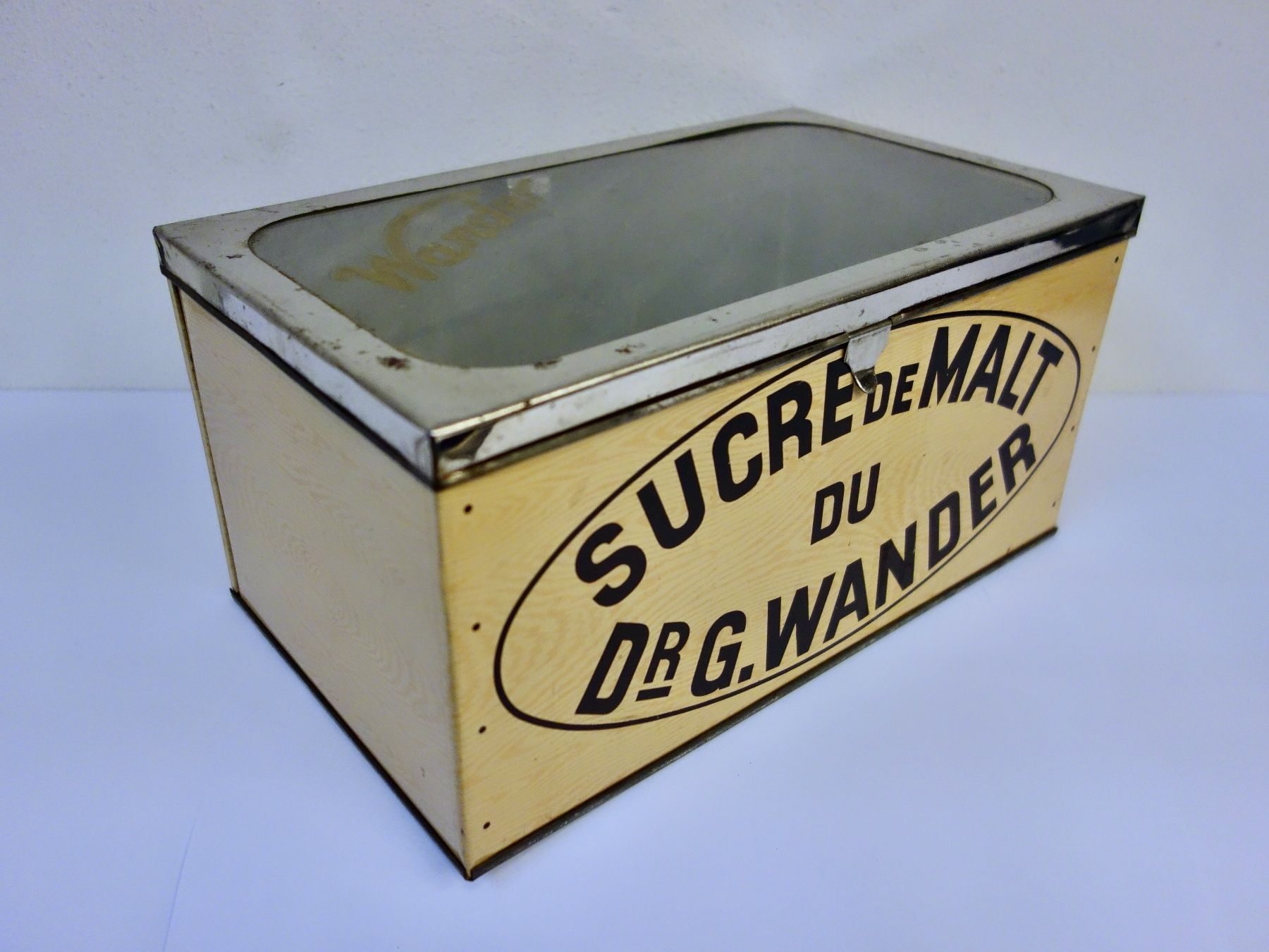 Transportkisten: alte Blechdose Dose mit Glasdeckel DR G. WANDER S MALZZUCKER – Gebraucht aus Kerzers von bottlesandboxes