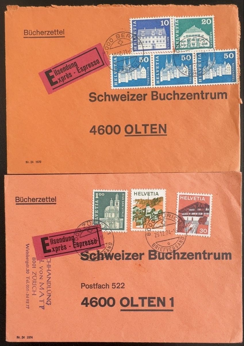 Tous les timbres: 2 Bücherzettel Schweiz Eilsendung Expresso Olten Lot – D'occasion à birsfelden par tim0444