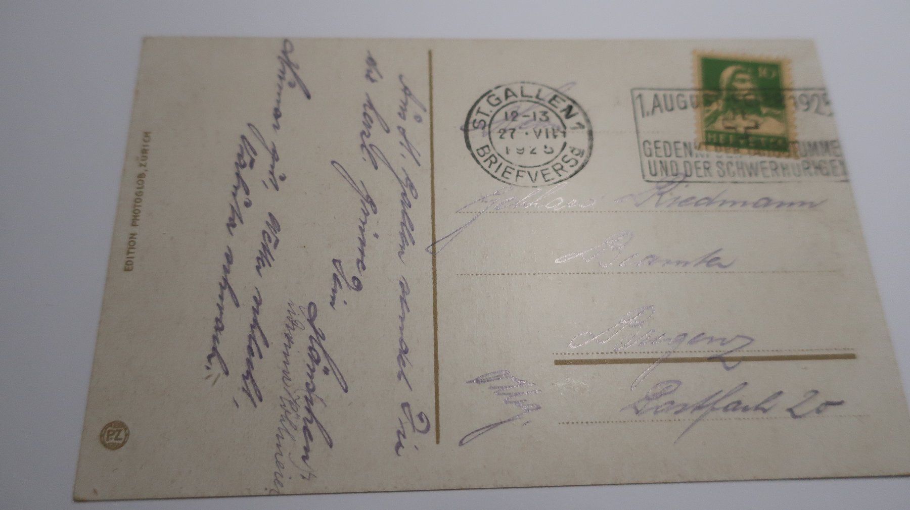Ansichtskarten: St. Gallen Kirche mit Rosenbergquartier  N° 2409  1925 – Gebraucht aus Cormoret von Pascalll2001 3