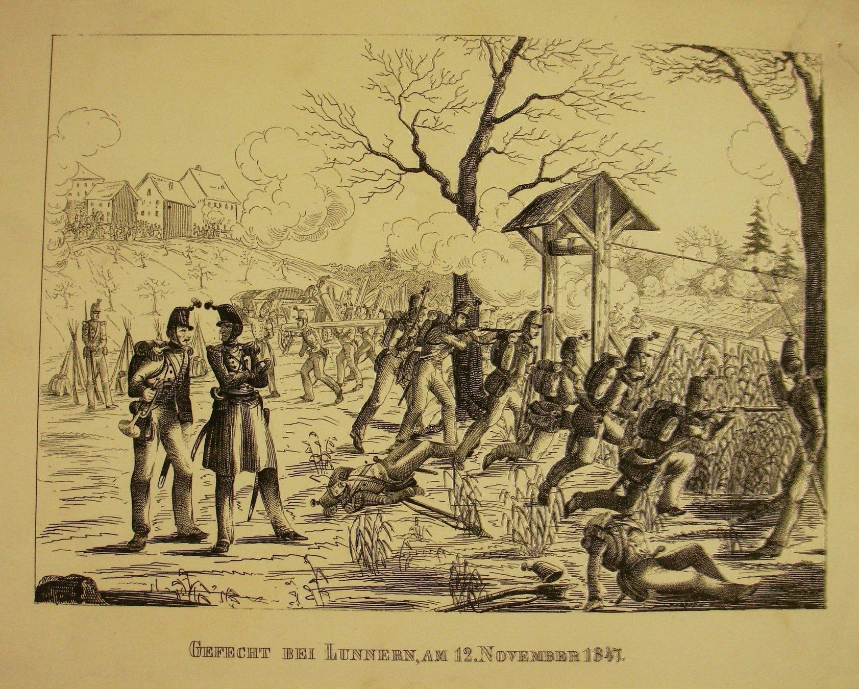 Grafiken & Lithographien: GEFECHT BEI LUNNERN, LITHORGRAPHIE, 1850 – Gebraucht aus Grüningen von Kartensammler