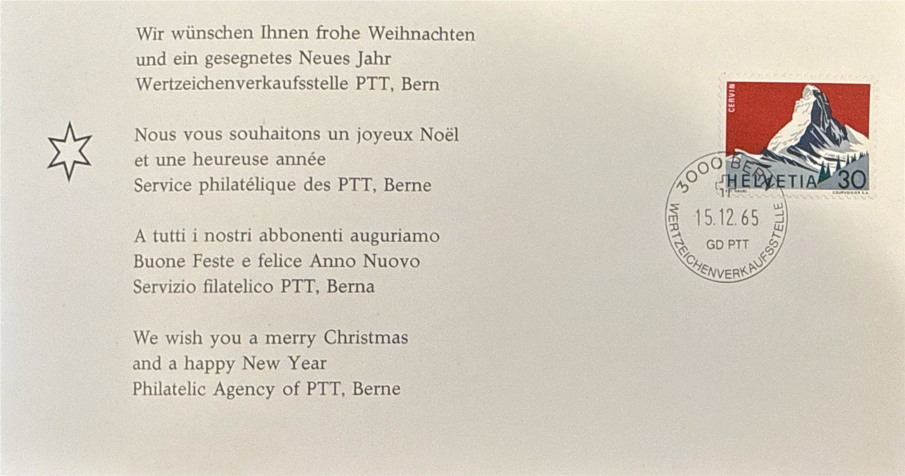 Cartoline postali: Original PTT Weihnachtskarte 1965 mit Matterhorn Stempel ... – Usato da Caslano venduto da alaniselin 1