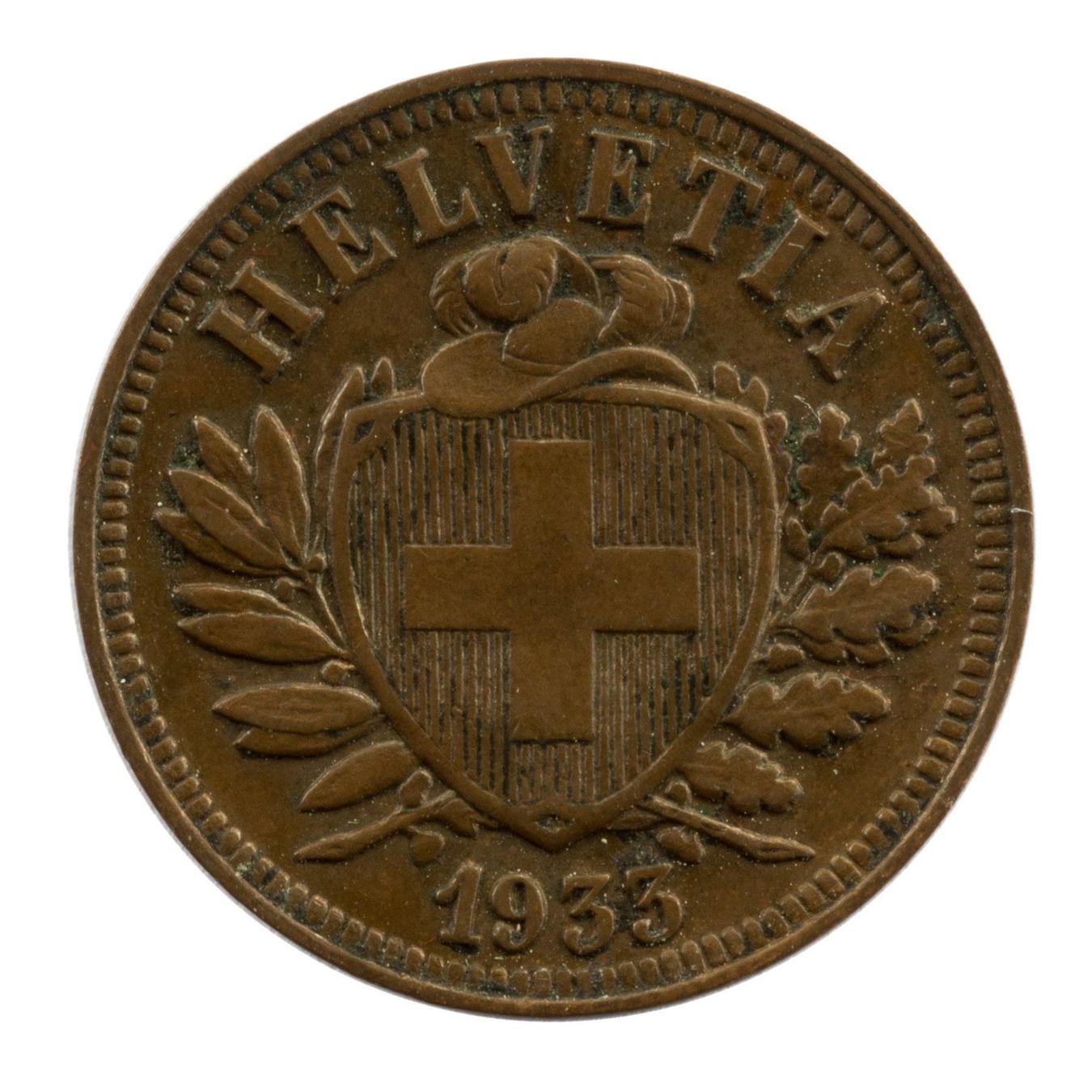 Tutti le monete: Schweiz / Suisse - 2 Rappen - 1933 – Usato da Rotkreuz venduto da Swiss-Coins