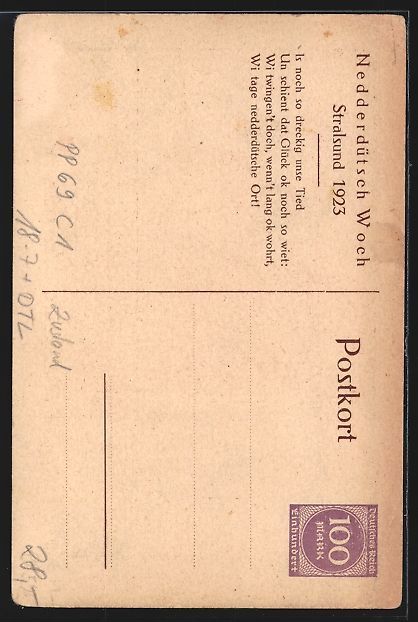 Cancelleria postale: Stralsund, Nedderdütsch Woch 1923, Ansi – Usato da Berlin venduto da bartko-reher 1