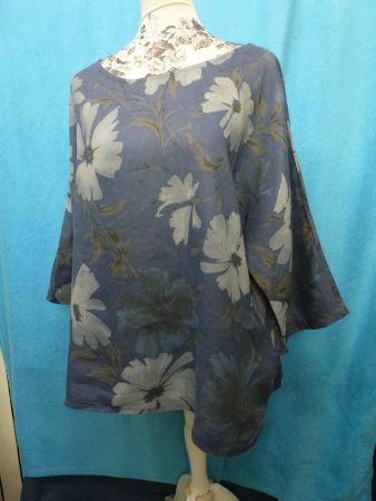 LEINEN BLUSE SHIRT BLAU GROSSE BLUMEN XL REINES LEINEN SCHLI