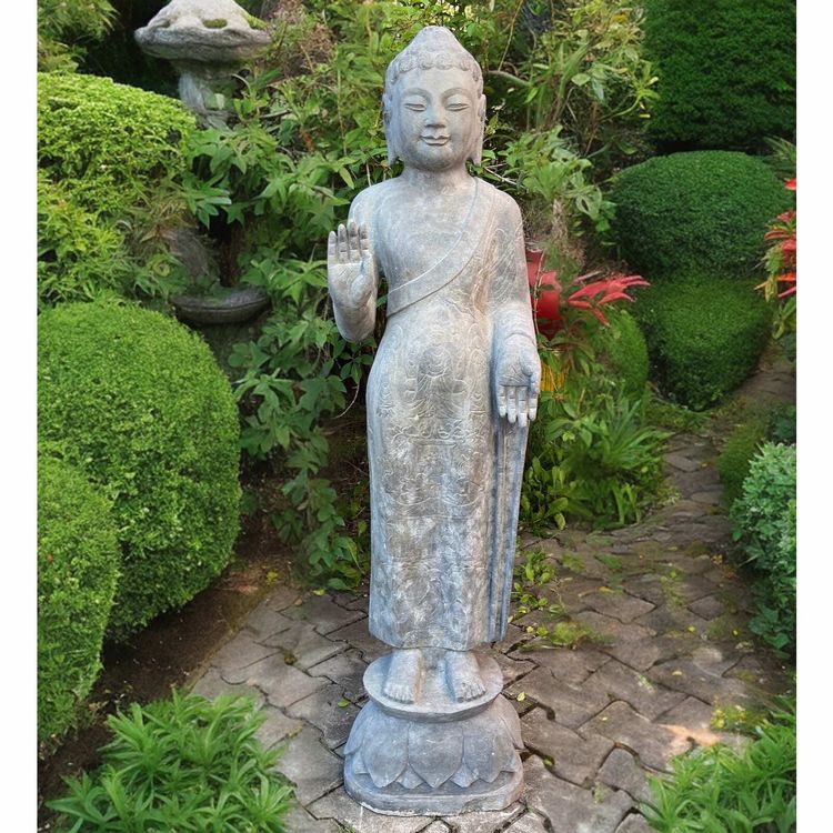 GeKi Buddha Gartenfigur – 42 Cm, Frostsicher, Wetterfest, Graue Steinoptik