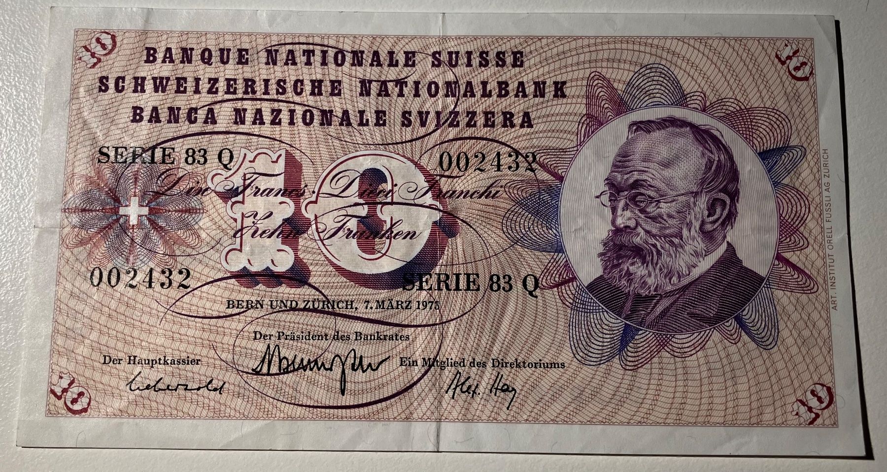 Banknoten: Schweiz 10 Franken 1973 Serie 83 Q – Gebraucht aus Algetshausen von Carrhard