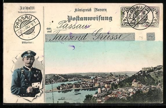 Cartoline postali: AK Passau, Briefträger, Stadtpanorama – Usato da Berlin venduto da bartko-reher