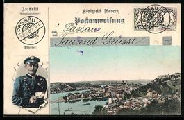 AK Passau, Briefträger, Stadtpanorama