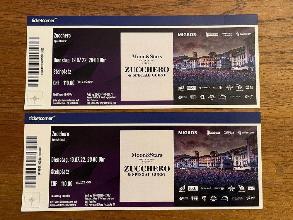 2x Moon and Stars Tickets Zucchero 19.07.2022 Kaufen auf Ricardo