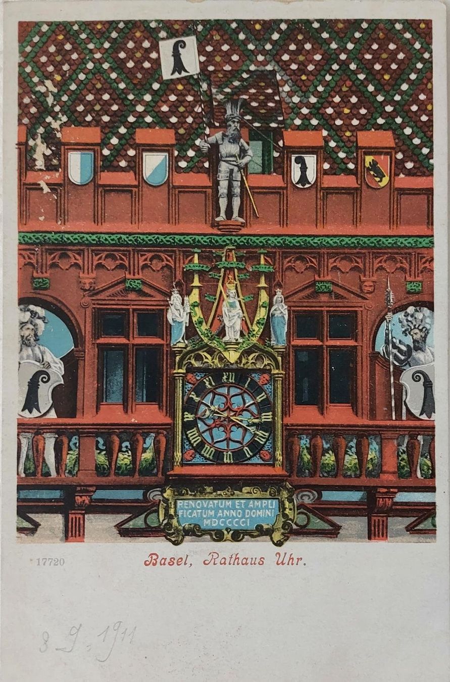Ansichtskarten: BASEL - Rathaus Uhr - 1911 – Gebraucht aus Delémont von Domdom1