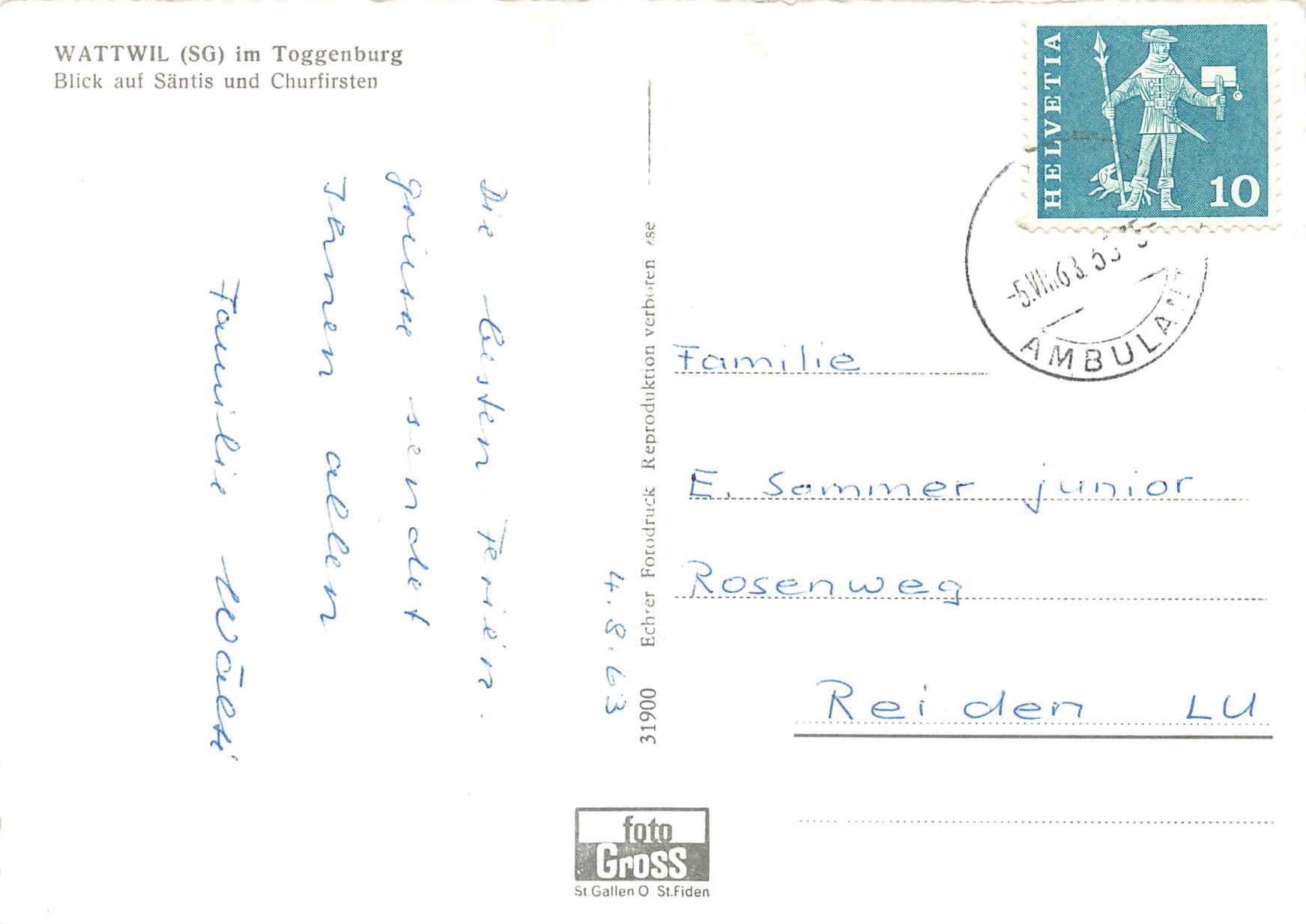 Cartoline postali: Wattwil toggenburg G – Usato da Biasca venduto da Blenio71 1