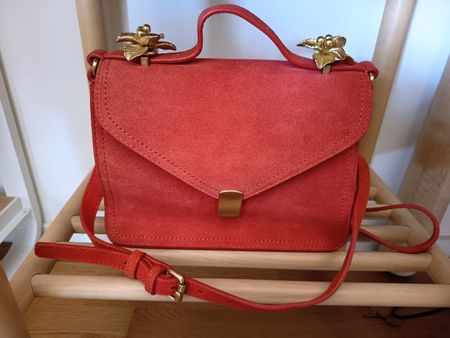 Red Suede Handbag with Gold Flower Small Size