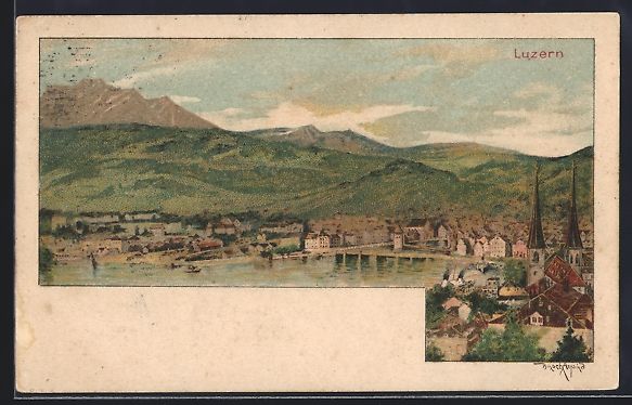 Cartoline postali: sign. Arpad Basch: Luzern, Blick auf die – Usato da Berlin venduto da bartko-reher
