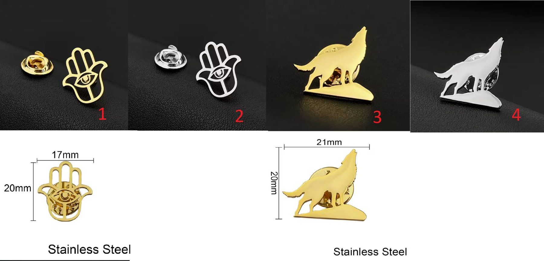 Placchette & Badge: 4 Pins: 2x Wolf & 2x Khamsa (Edelstahl) – Nuovo e nell'imballaggio originale da Fislisbach venduto da GenerousClub