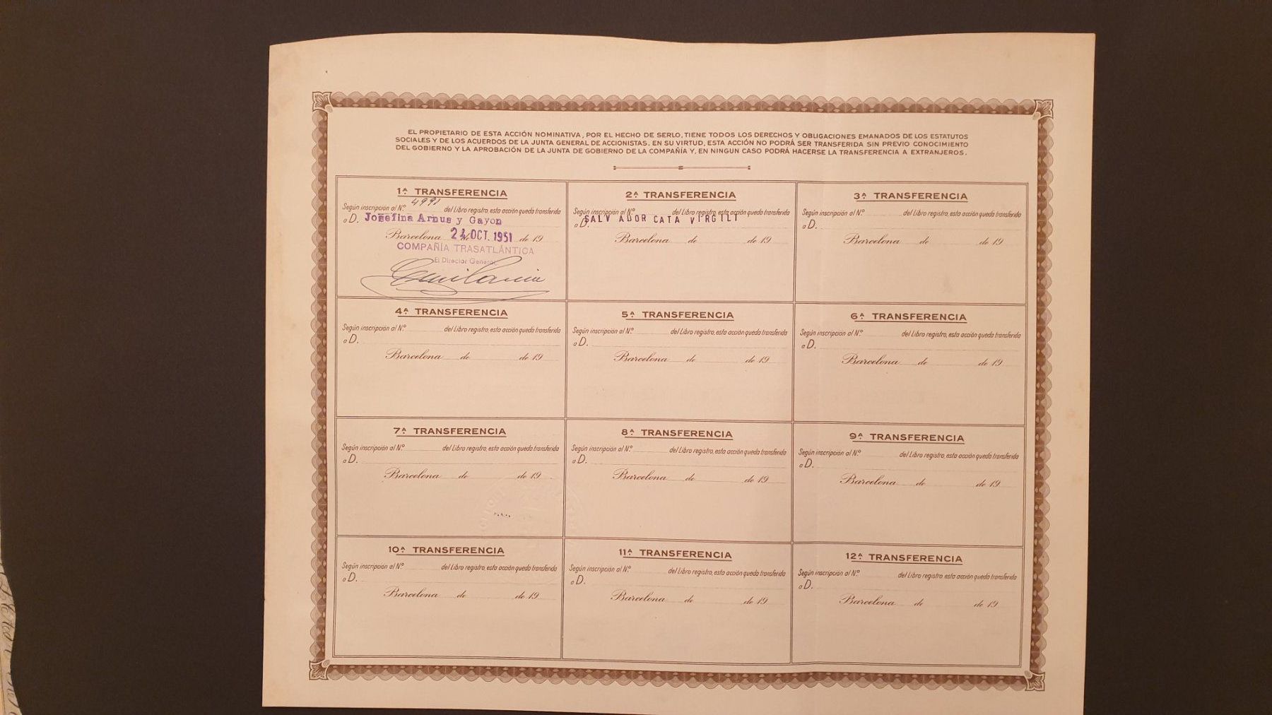 Documenti: Compania Trasatlantica. Barcelona. 1946. – Usato da Goldach venduto da armando_r 2