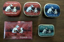 4 Stk. Grammophon Nadel Dosen und 1 Brief antik Dog & Baby.