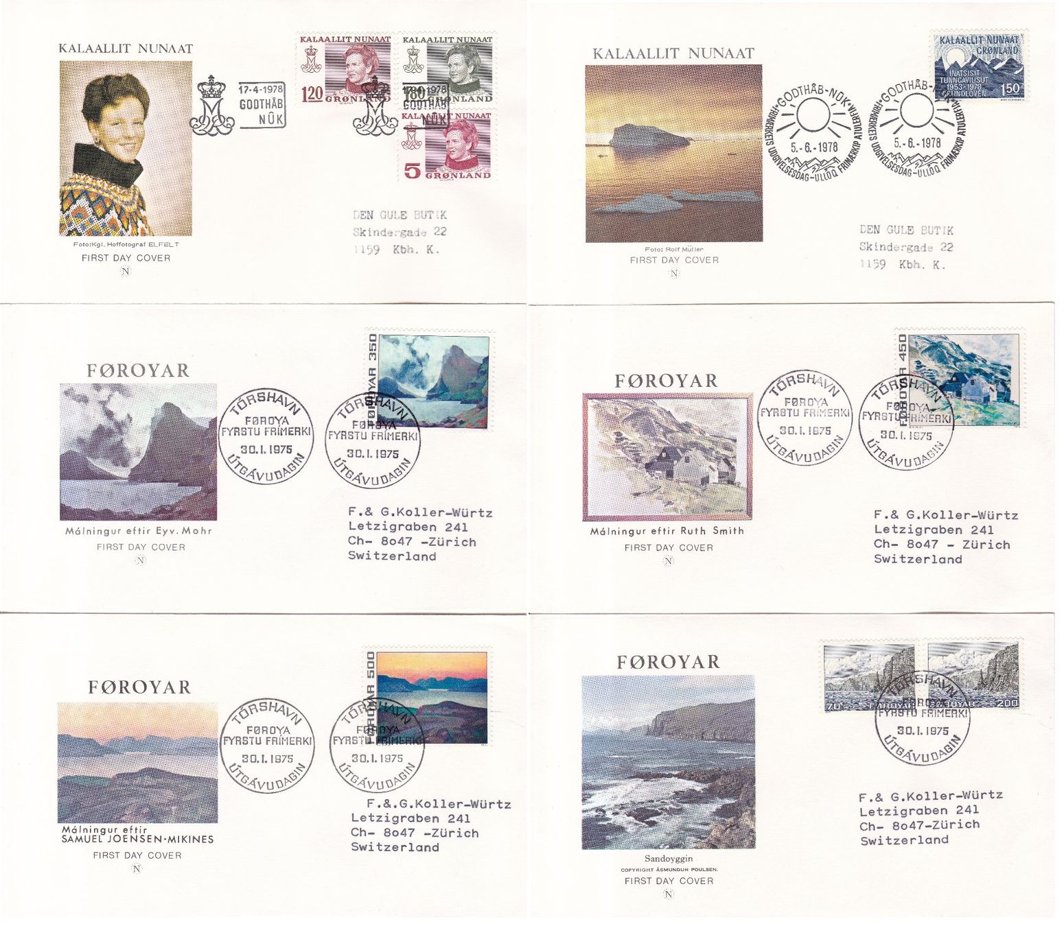 Tutti i francobolli: 56 Stk. FDCs, DK "Färöer, Grönland" ab 1969 – Usato da Münchwilen AG venduto da Nesar 1