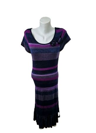 Kleid Strick Maxi Blau Lila Glitzer Streifen Gr. XS