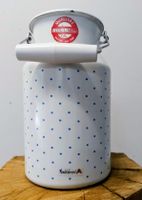 Milchkanne Emaille weiss blau Punkte Riess Vintage gebrauch