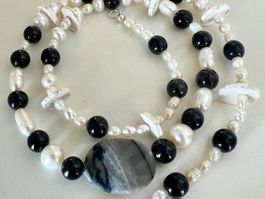 Echtperlen Longkette Onyx Picasso Marmor 925 Silber 60cm Neu