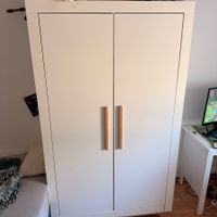 White Two-Door Wardrobe with Wooden Handles, Used