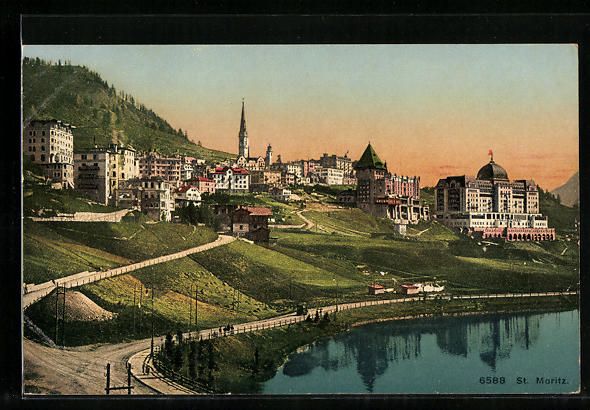 Cartoline postali: St. Moritz, Blick auf Ort mit Kirche und – Usato da Berlin venduto da bartko-reher