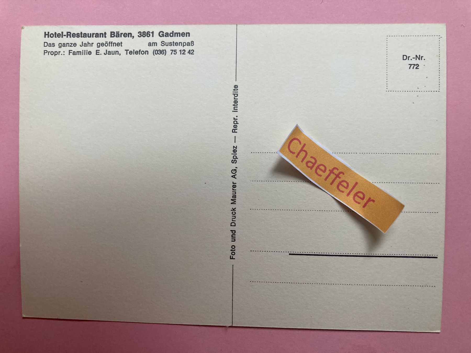 Cartoline postali: Hotel-Restaurant Bären, 3861 Gadmen. – Usato da Zürich venduto da Chaeffeler 1