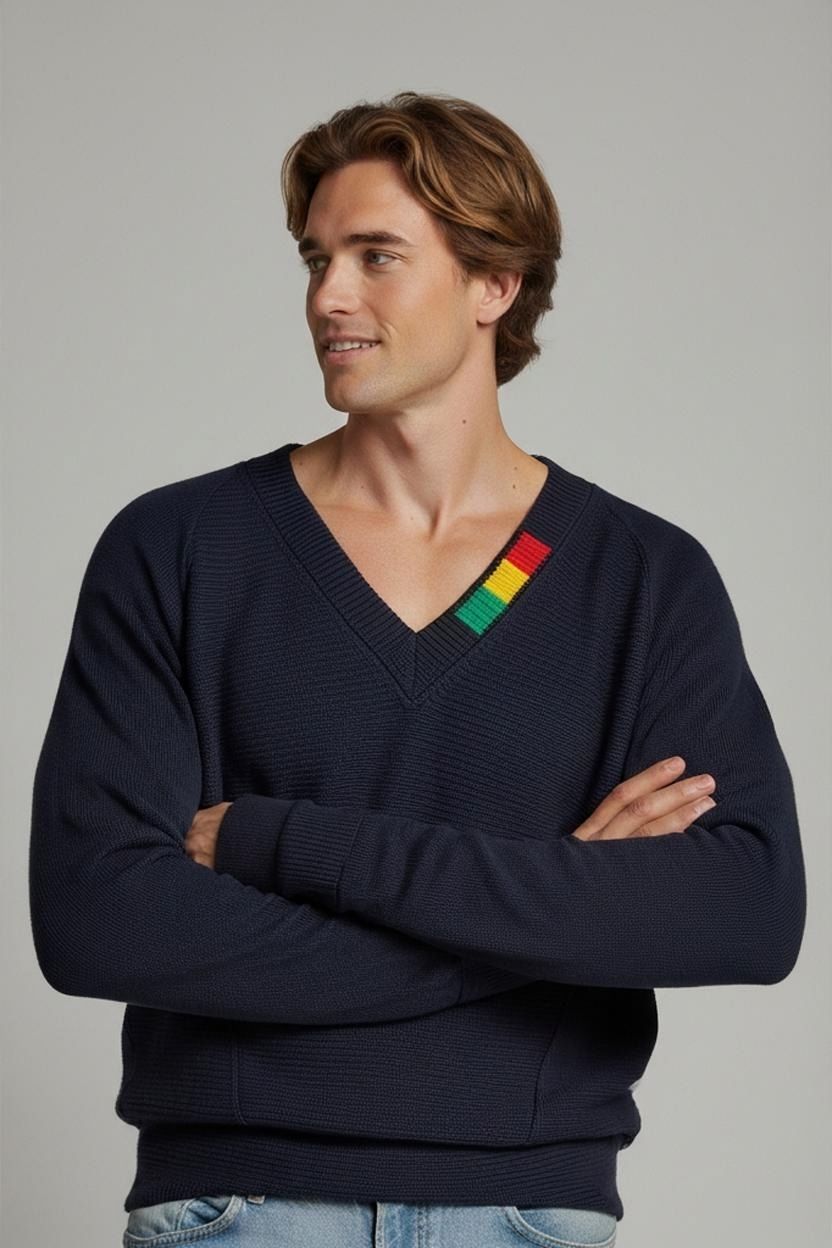 Carlo Colucci Pullover & Sweatshirts: Carlo Colucci Marineblauer V-Ausschnitt Pullover mit buntem – Gebraucht aus Zug von vinokilo