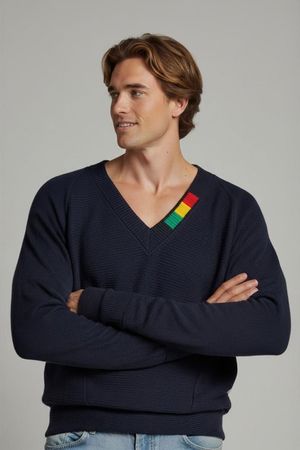 Carlo Colucci Marineblauer V-Ausschnitt Pullover mit buntem