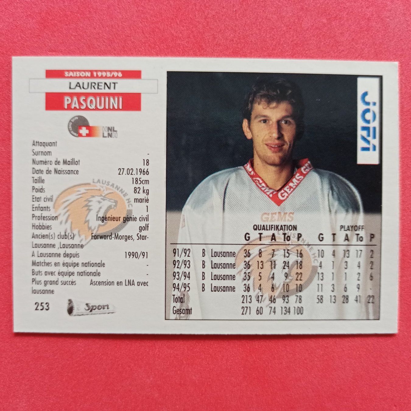 Carte collezionabili: Laurent Pasquini - LAUSANNE - 1995/96 – Usato da Dübendorf venduto da kb86_MOVIE 1