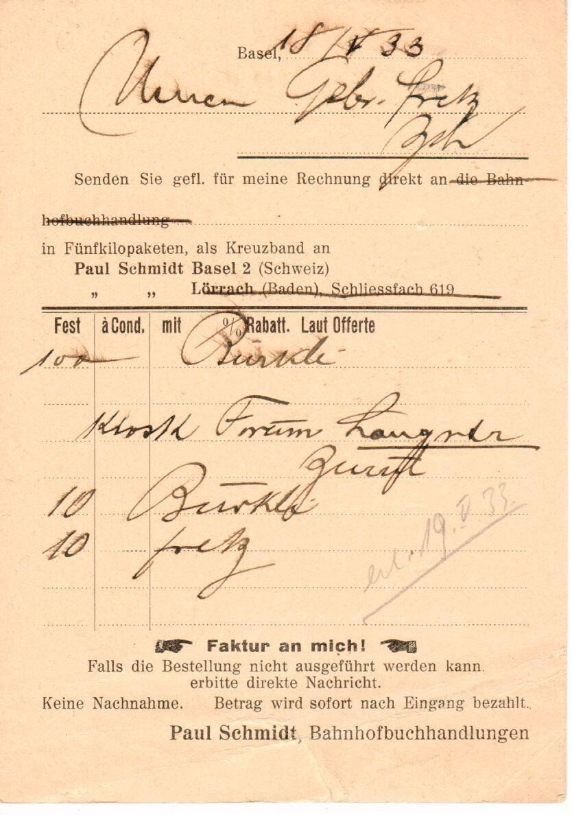 Alle Briefmarken: PK - Perfin -  Paul Schmidt Basel - Bücher Zettel 1933 – Gebraucht aus Wolhusen von Curver9 1
