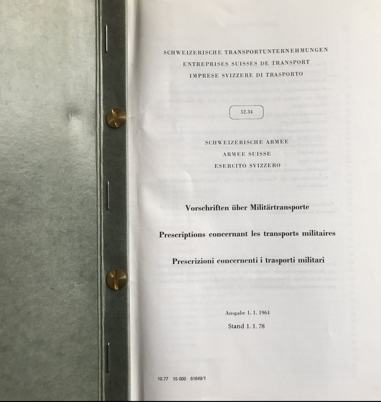 Schweizer Armee Stichwaffen: SCHWEIZER ARMEE VORSCHRIFTEN ÜBER MILITÄRTRANSPORTE 52.34 D – Gebraucht aus Ostermundigen von wini63 1
