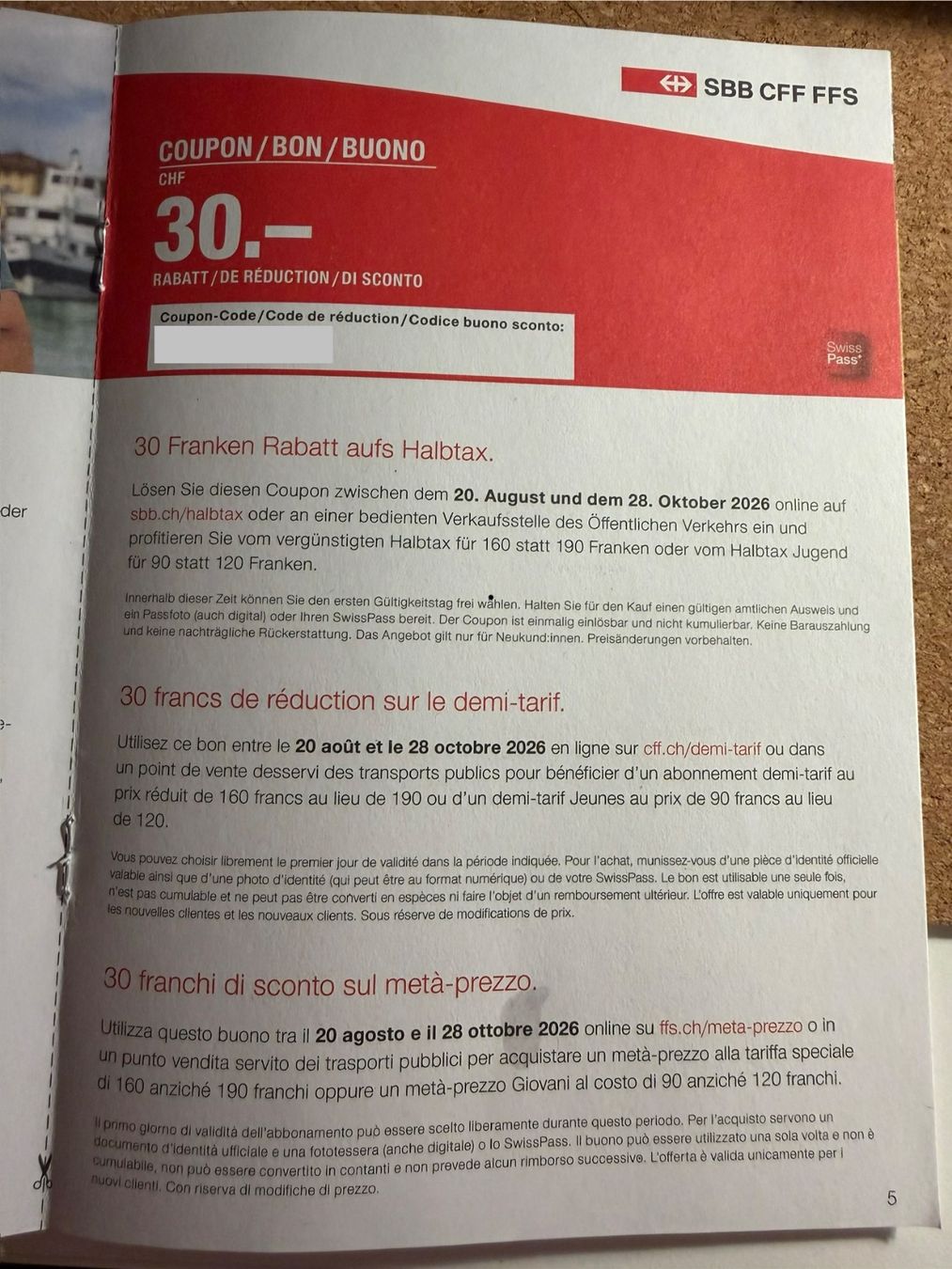 SBB/CFF/FFS Gutscheine: 30CHF Rabatt aufs Halbtax – Neu und originalverpackt aus Küsnacht ZH von guo_rnh6
