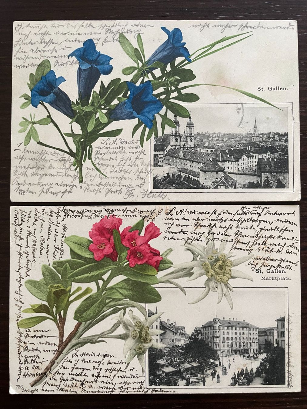 Cartoline postali: ST. GALLEN 2 Ansichtskarten, Jugendstil, Alpenblumen, 1901 – Usato da Wald ZH venduto da TLILEF