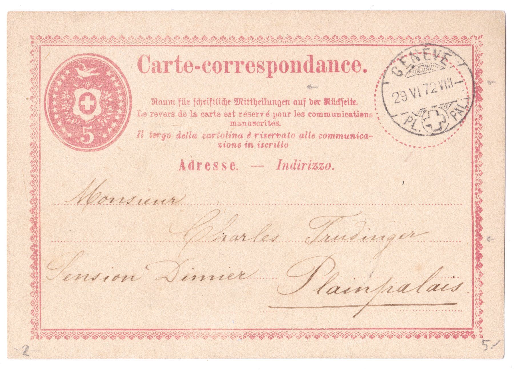 Tutti i francobolli: 1ère CP - de Genéve PL.(+)PAL. Plainpalais 1872, rouge "2" – Usato da Basel venduto da riobar