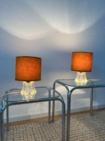 Paire de lampes vintage verre moulé & abat-jours velours 70’
