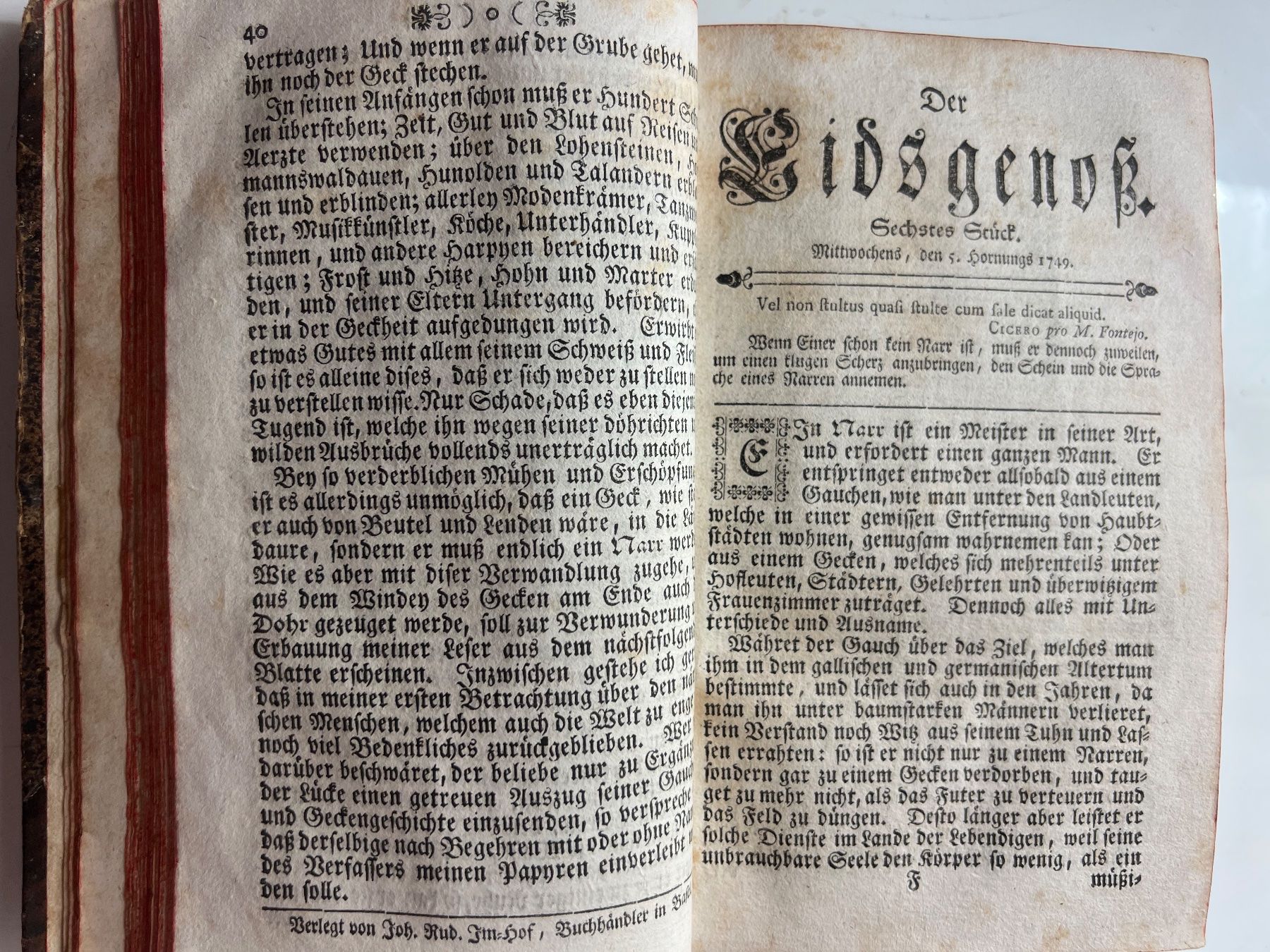 Bücher: Der Eidsgenoss, eine monatliche Wochenschrift. Basel 1749 – Gebraucht aus Hermetschwil-Staffeln von militaria-schweiz 2