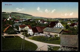 AK Biglen, Ortsansicht mit Kirche und Häusern