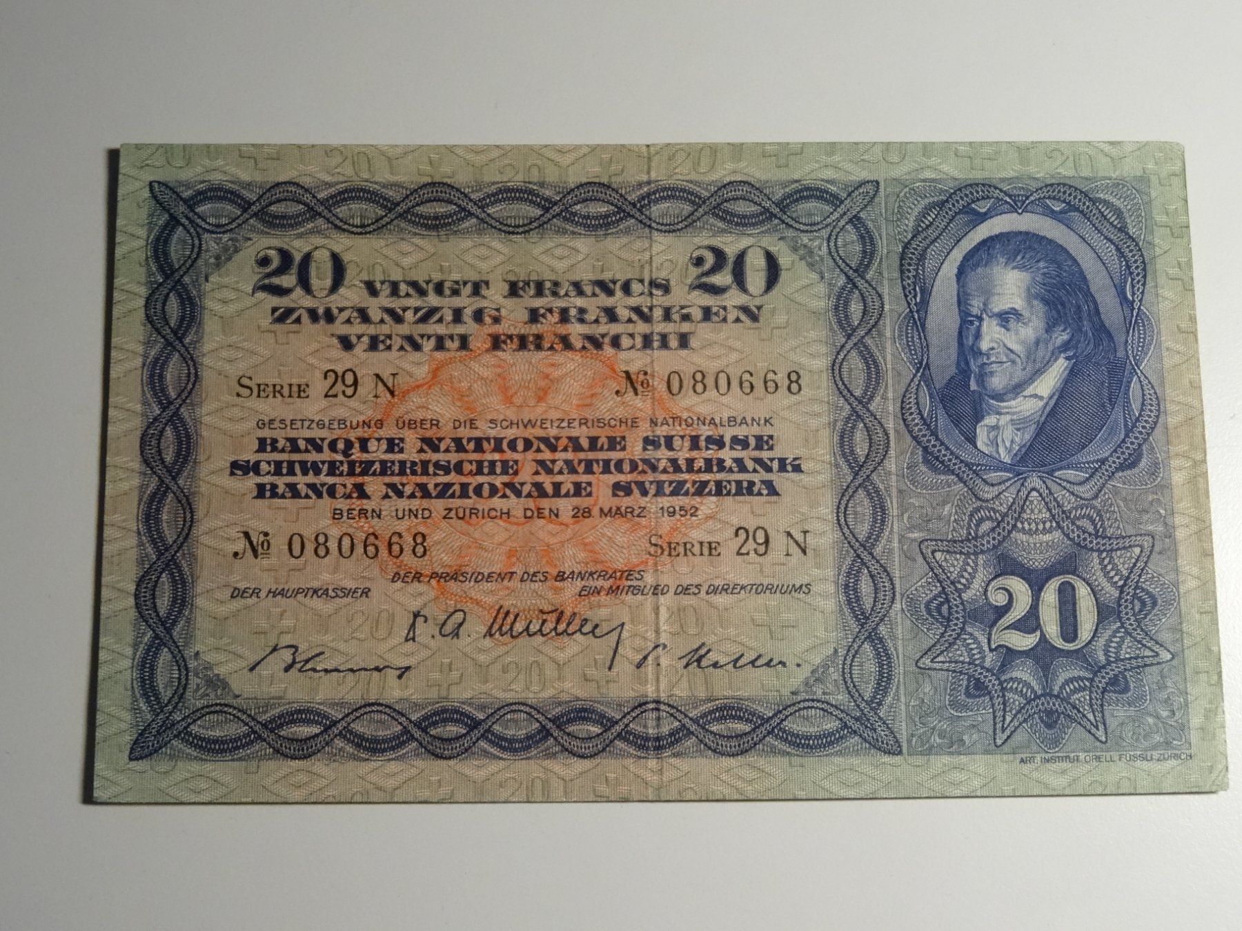 Banconote: gebrauchte Fr. 20.-- Note 1952 echte Nostalgie – Usato da Lupfig venduto da Jolly63