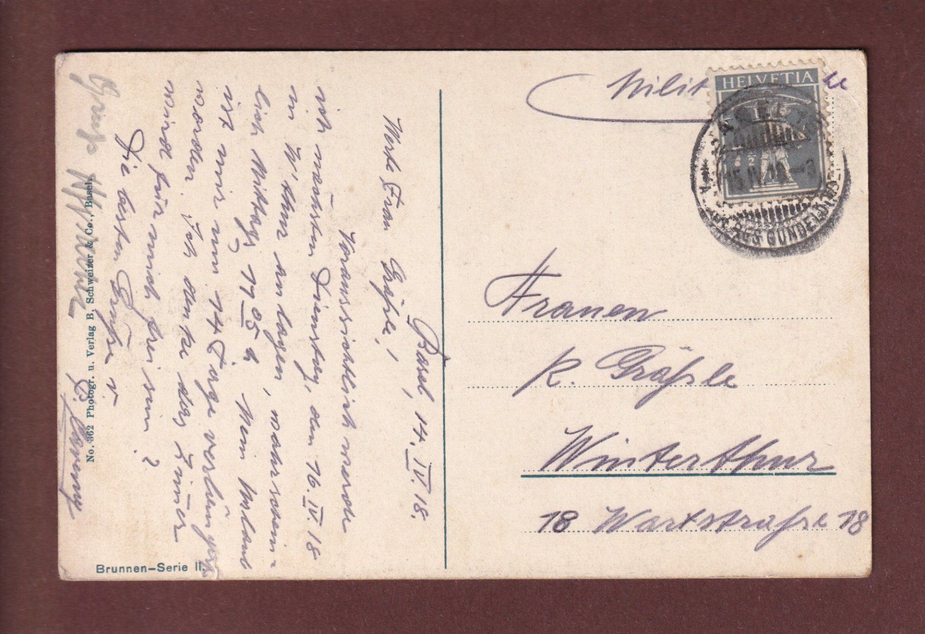 Ansichtskarten: BASEL - Rebhausbrunnen - 1918 – Gebraucht aus Pully von nicecards-shop 1