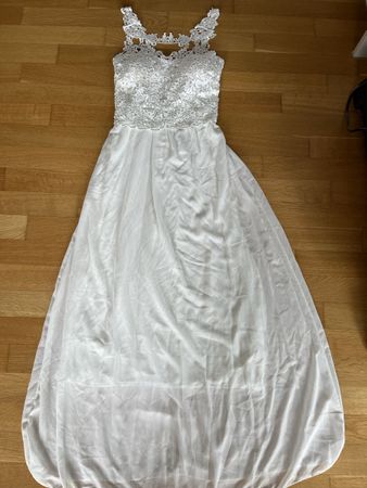 Wal. G, langes, weisses Kleid mit Spitze, Gr. 38