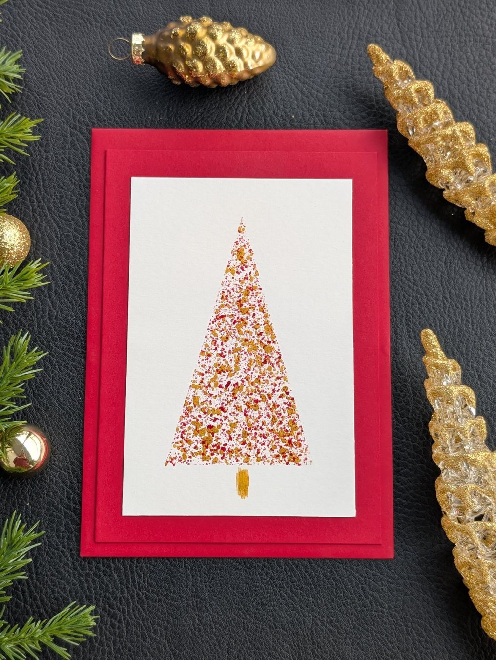 Karten: 2er Set Weihnachtskarten Handbemalt Christbaum Gold Rot Weiß – Neu und originalverpackt aus Winterthur von LaVieColor 1