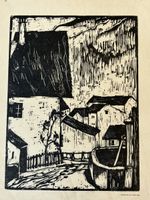 Holzschnitt. Gravure sur bois Adolf Fehr paysage villageois