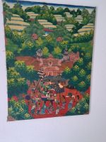 Peinture balinaise vintage, scène de village animée🎨🖼️😍