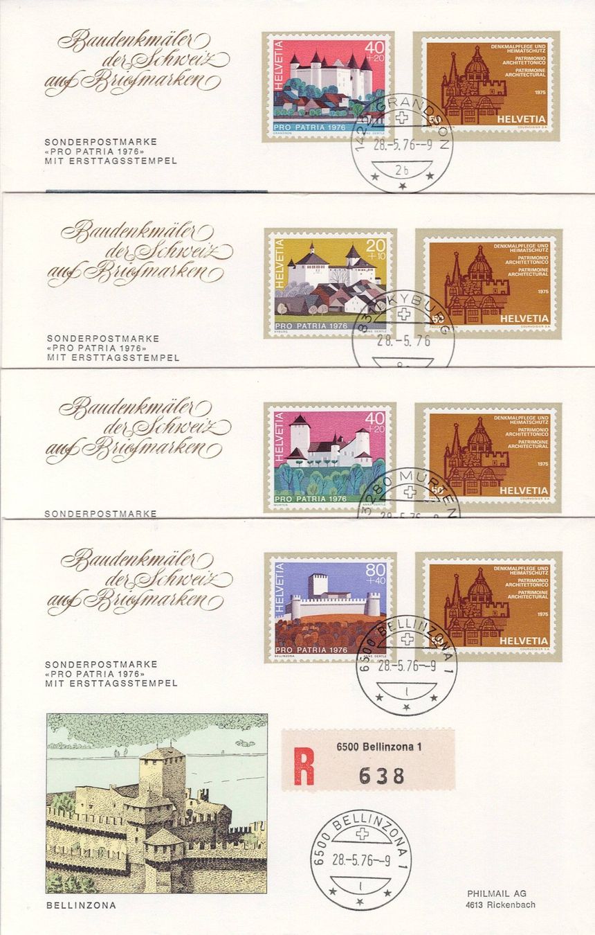 Tutti i francobolli: Pro Patria 1976 Vier Sonderbriefe mit Ersttagsstempel – Usato da Sevgein venduto da WHaelmi