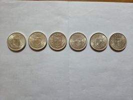 5 Franken Münze Schweiz 6Stk.1967 aus Silber stgl.